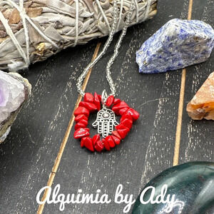 coral and silver pendant medallion beaded handmade necklace